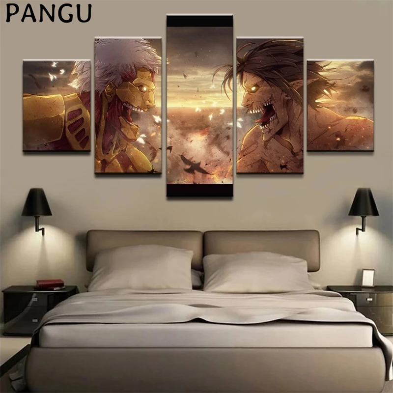 

5 Pieces Attack On Titan Battle Eren Yeager Poster Modern Home Wall Decor Picture Art Print Painting On Canvas For Living Room