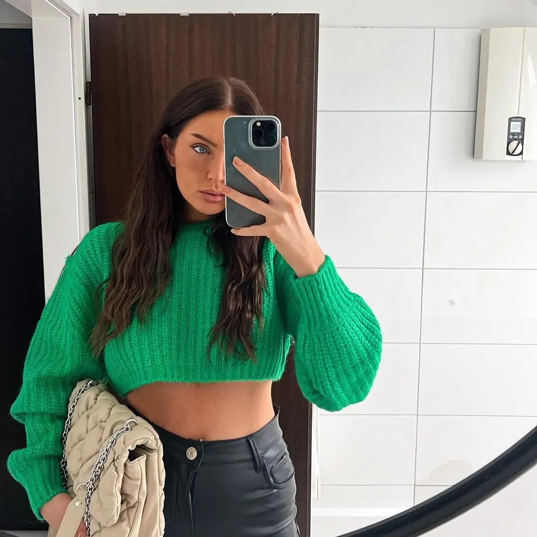 

JUNWU Za 2021 Spring Autumn Women's Green Round Neck Long Lantern Sleeve Loose Short Sweater Pullover Fashion British Style