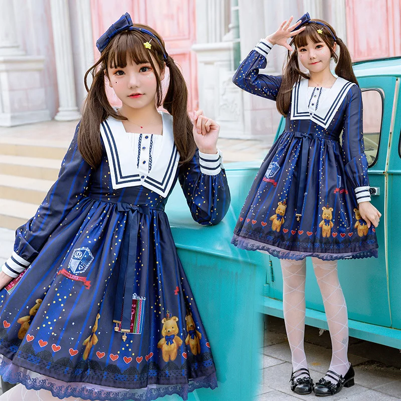 

Soft Girl Cute Female Op Lolita Dress Cartoon Bear Print Navy Blue Skirt Victorian Princess Dresses Kawaii Sailor Collar Dress