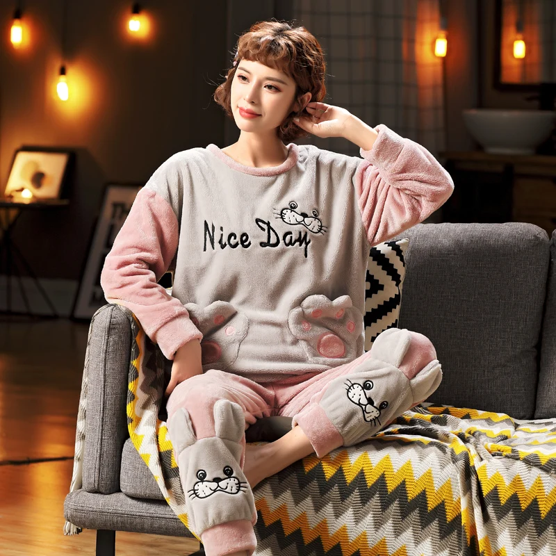 

Winter Women Pajamas Sets Girls Sleepwear Thick Warm Pyjamas Soft Nightwear Female Cartoon Youth Pijama 3XL 4XL 5XL