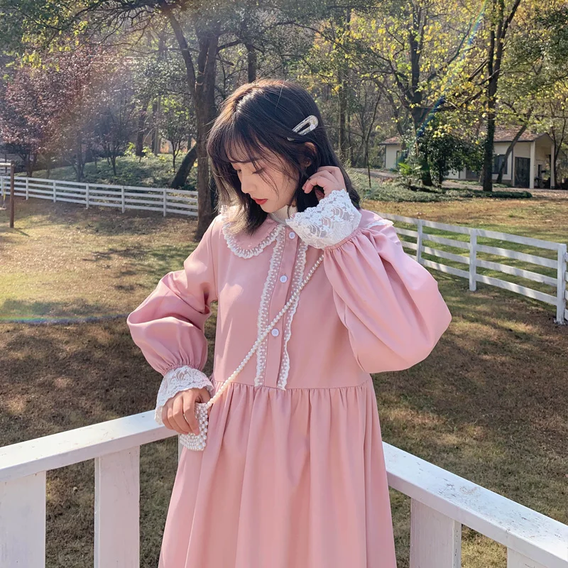 

2020 New Japanese Lolita Dress Women Autumn Women Cute Doll Collar Midi Dresses Vestidos Loose Long Sleeve Ruffles Kawaii Dress