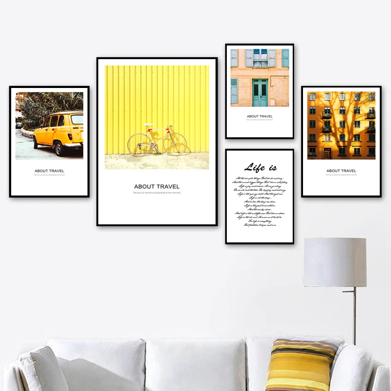 

Nordic Yellow Car Bike Building Canvas Paintings Decorative Landscape Wall Art Posters and Pictures for Girl Boy Room Home Decor