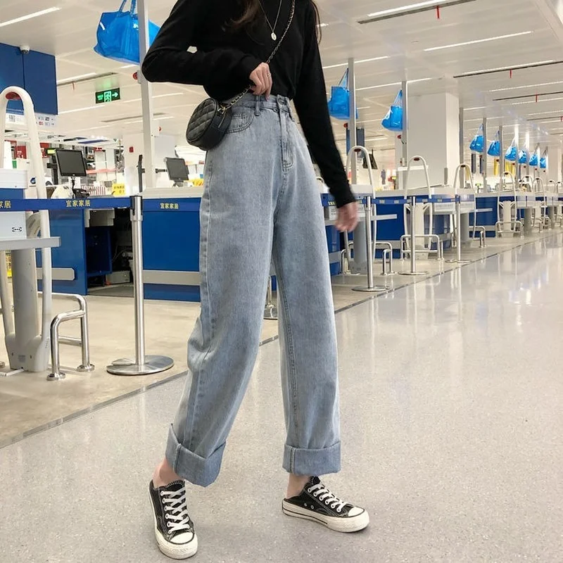 Джинсы женские с широкими штанинами винтажные однотонные джинсовые длинные