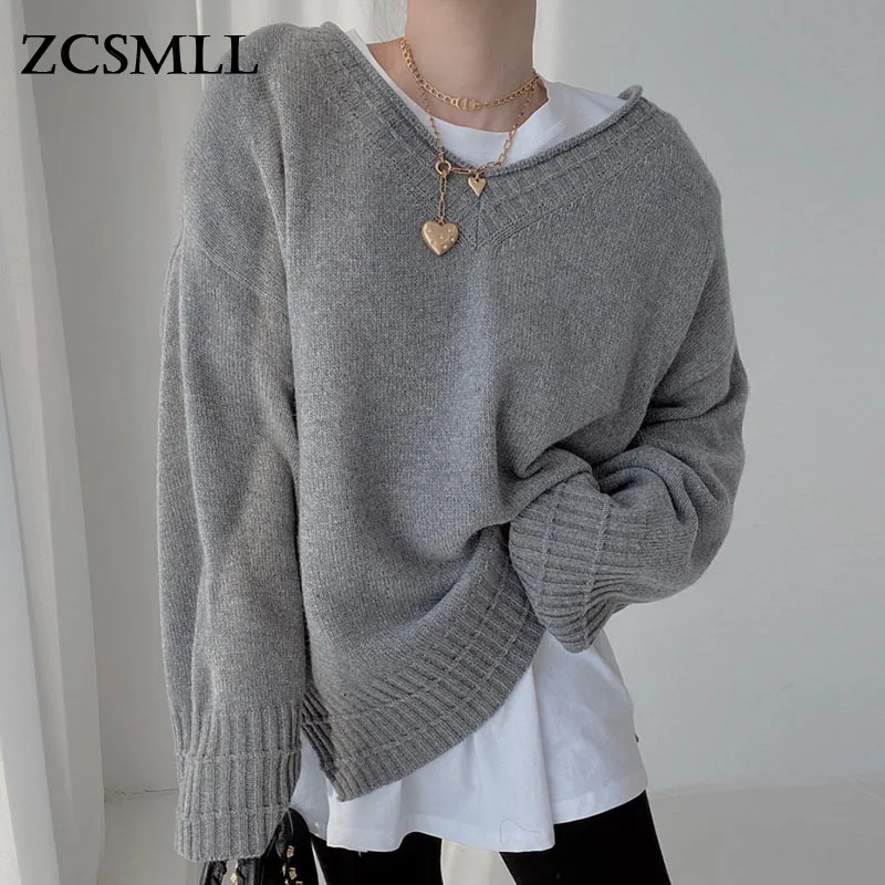 

ZCSMLL Korea Autumn Winter Grey Pullover V-neck Loose Casual Long-sleeved Core-spun Yarn Warm Knitted Sweater Women