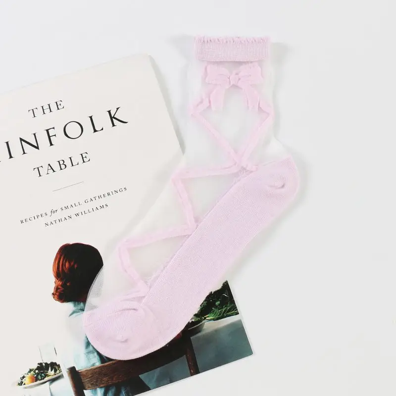 Women's Japanese Bow Large Mesh Crystal Glass Socks | Женская одежда