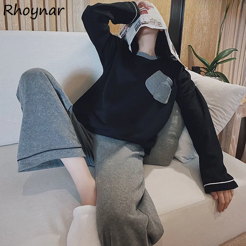 

Pajama Sets Women Long Sleeve Patchwork All-match Homewear Soft Simple Korean Style Cozy Loose Lounge Autumn Fashion Mujer Hot