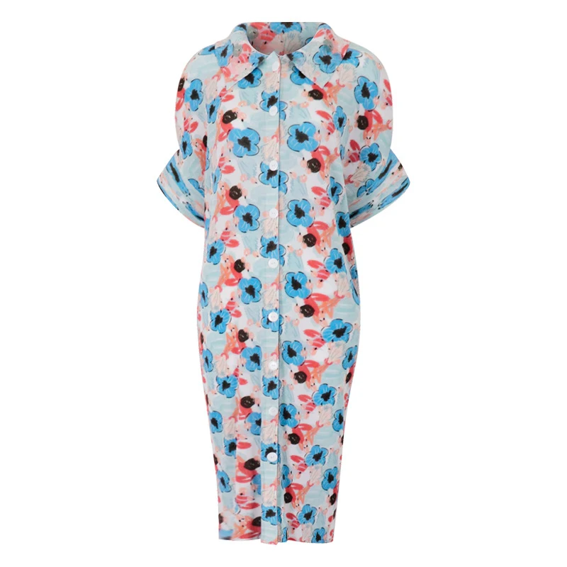 

CHICEVER Vintage Print Dress For Women Lapel Short Sleeve Hit Color Loose Oversize Mid Elegant Dresses Female 2021 Summer Style