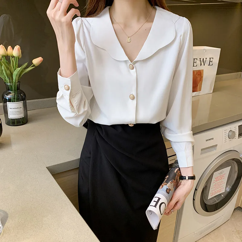 

Fall new style ruffled doll collar long-sleeved white shirt women's puff sleeve top womens tops button up shirt