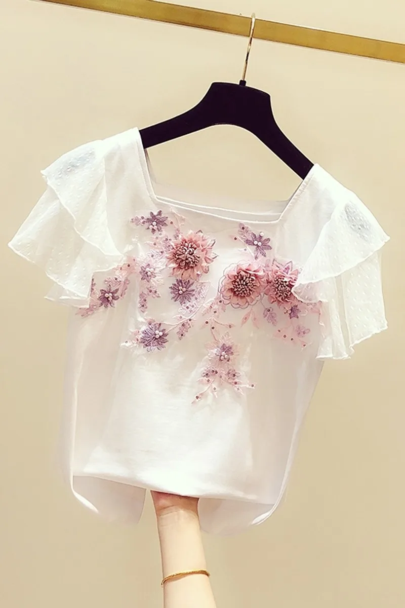 Женская футболка с цветочной вышивкой Повседневная белая оборками на рукавах