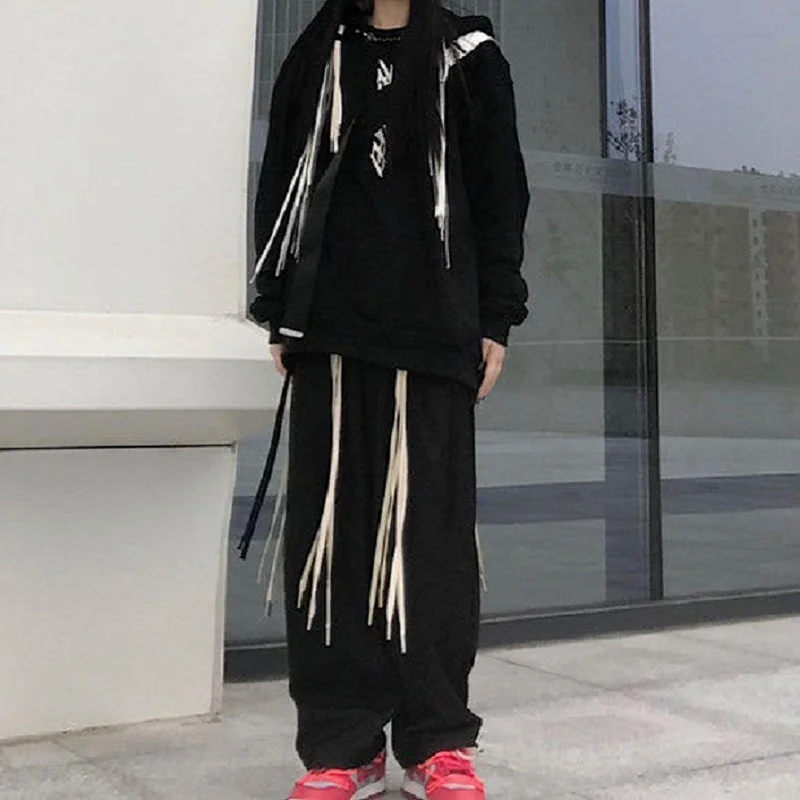 

QWEEK Harajuku Streetwear Grunge Style Black Jogging Sweatpants Women Hippie Streetwear Joggers Oversize Wide Leg Sports Pants