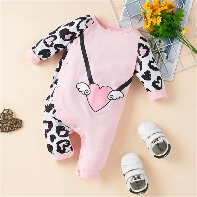 

Sweet Cute Baby Girl Romper Clothes Autumn Winter Pink Patchwork Leopard Newborn Jumpsuit For Kids Toddler Girls Rompers 0-24m