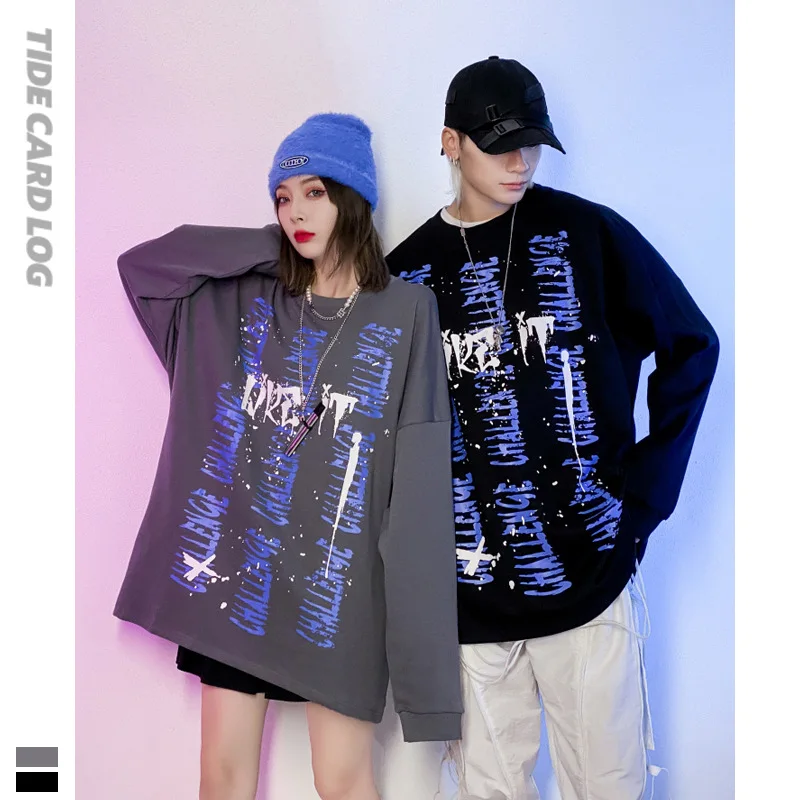 

Autumn Winter New European American Round-necked Personality Graffiti Print Loose Male And Female Couple Student Hip-Hop Top