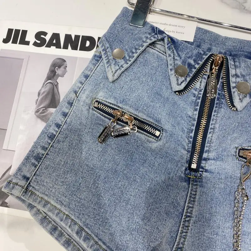 

2021 Summer Women New Streetswear High Waist Double Pocket Chain Denim Shorts Ladies Fashion Simple Solid Wide Leg Short Jeans