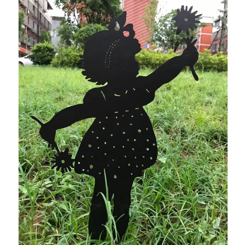 Figura de Metal para decoraci&oacute;n de jard&iacute;n, escultura de silueta de hierro de chica girasol, adornos de plantas en macetas, decoraci&oacute;n de jard&iacute;n-4