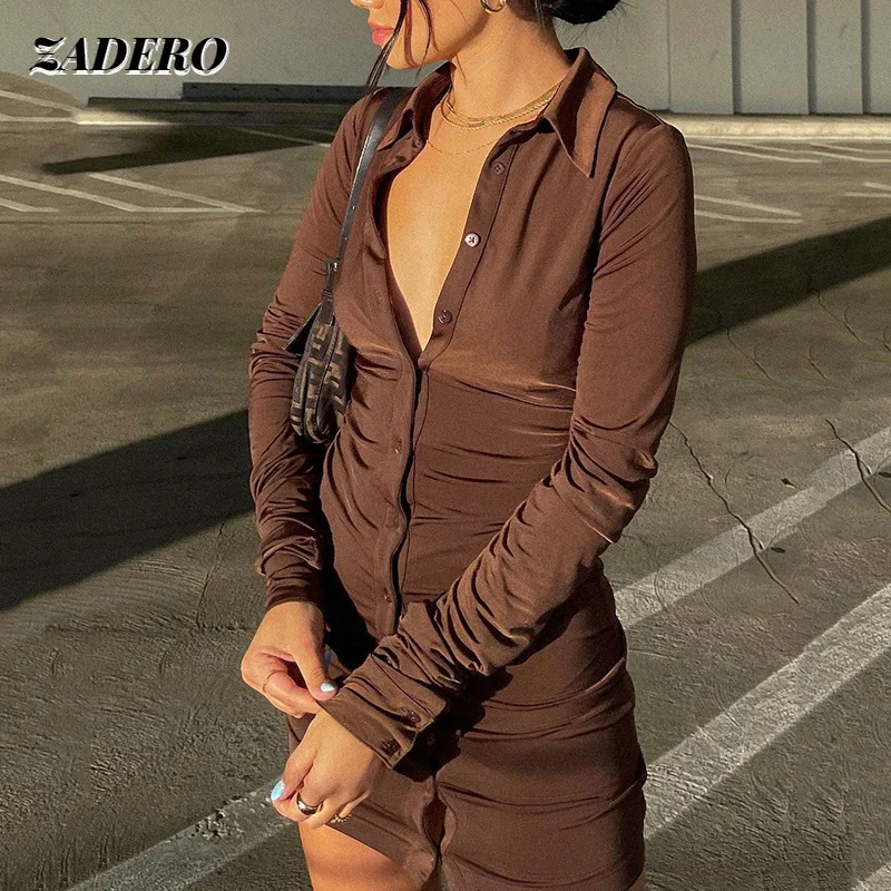 

Dress Womans Fashion 2021Autumn Button Up Ruched Long Sleeve Turn Down Collar Bodycon Sexy Brown Mini Black Dresses White Casual