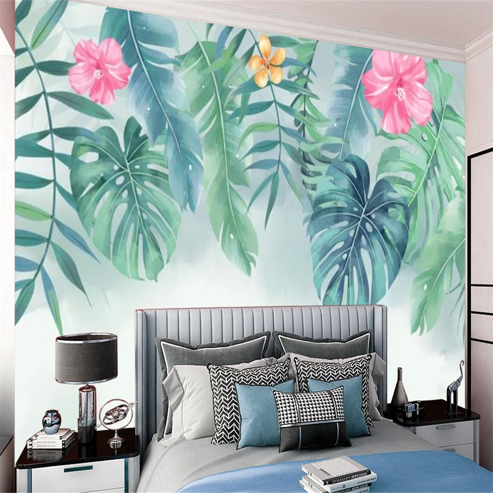 

European 3d Wallcovering Wallpaper Green Big Leaves and Beautiful Flowers Home Decor Living Room Bedroom Mural Wallpapers