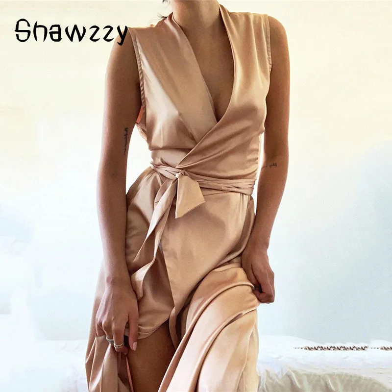 

Foridol sleeveless vintage satin party wrap dress women v neck sexy club long maxi dress autumn winter dress vestidos de fiesta
