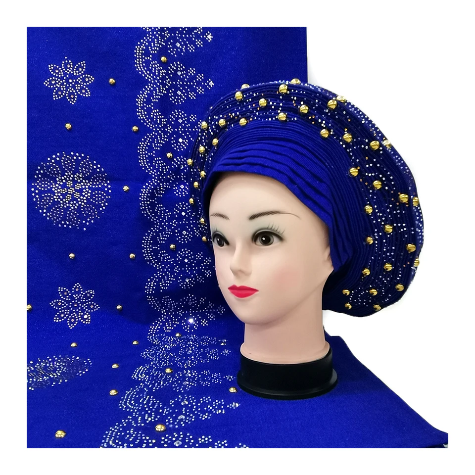

Новейшая синяя Автоматическая головная уборка, мусульманская шляпа с блестящими камнями, женская шляпа в нигерийском стиле