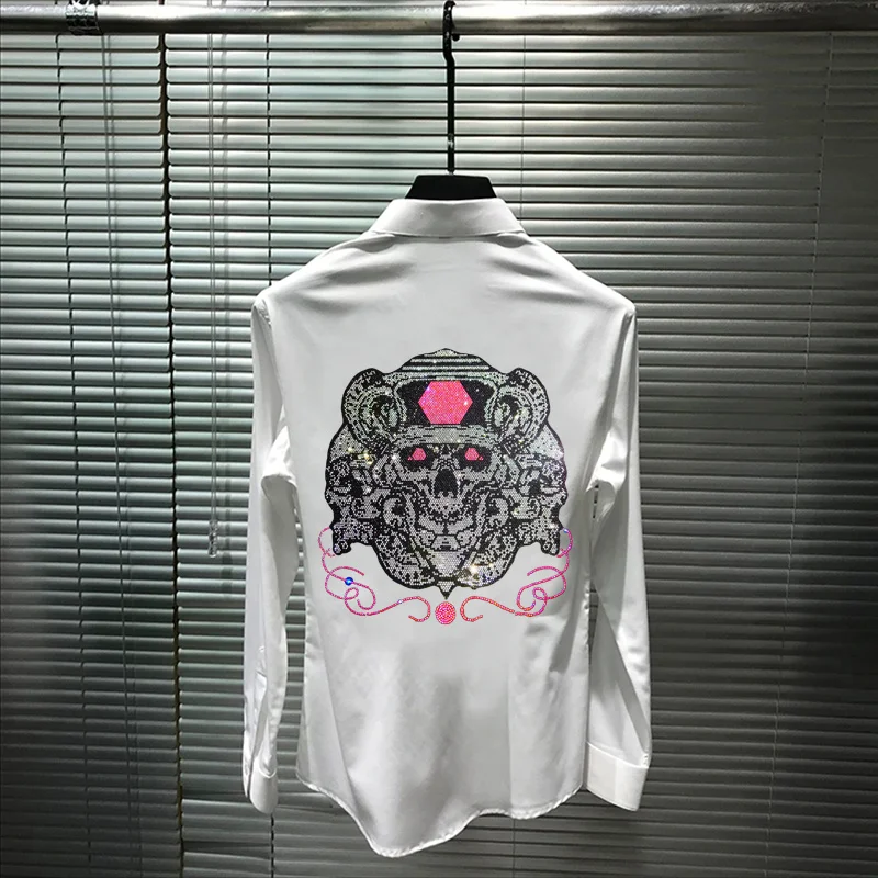

Men's Brand Popular Shirt Skull Hot Drilling Exaggerated Top Quality Slim Personality Long Sleeves