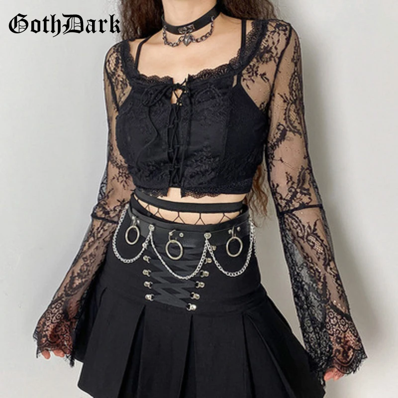 

Goth Dark Lace Gothic Aesthetic Black Women T-Shirts Grunge Punk Bandage Flare Long Sleeve Crop Tops Sexy Transparent Outfits