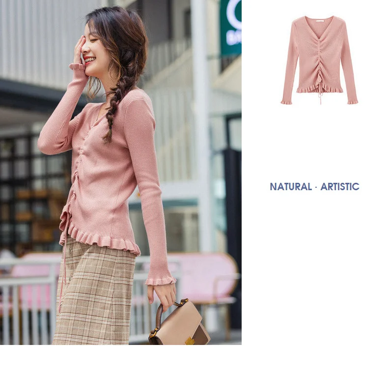 INMAN Winter Elegant Solid Color V Neck Drawstring Flower Swing Women Pullover Sweater