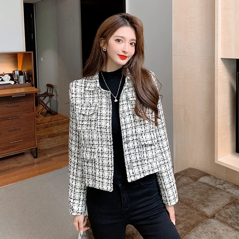 

Осенняя Высококачественная твидовая куртка в Корейском стиле, короткая стильная модная темпераментная жареная уличная Женская клетчатая ...