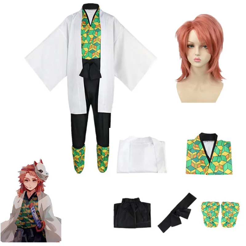 Anime Demon Slayer Sabito Cosplay Costume Child Adult Kimono Jacket Lining Pants Wig Set | Тематическая одежда и униформа