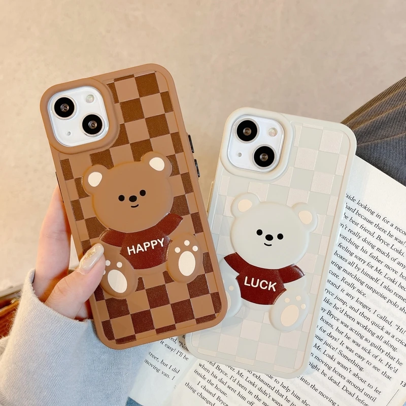 

3D Cute Cartoon Lucky Bear Korean Phone Case For iPhone 13 12 11 Pro Max X Xs Max Xr 7 8 Plus Cases Retro Soft Silicone Cover