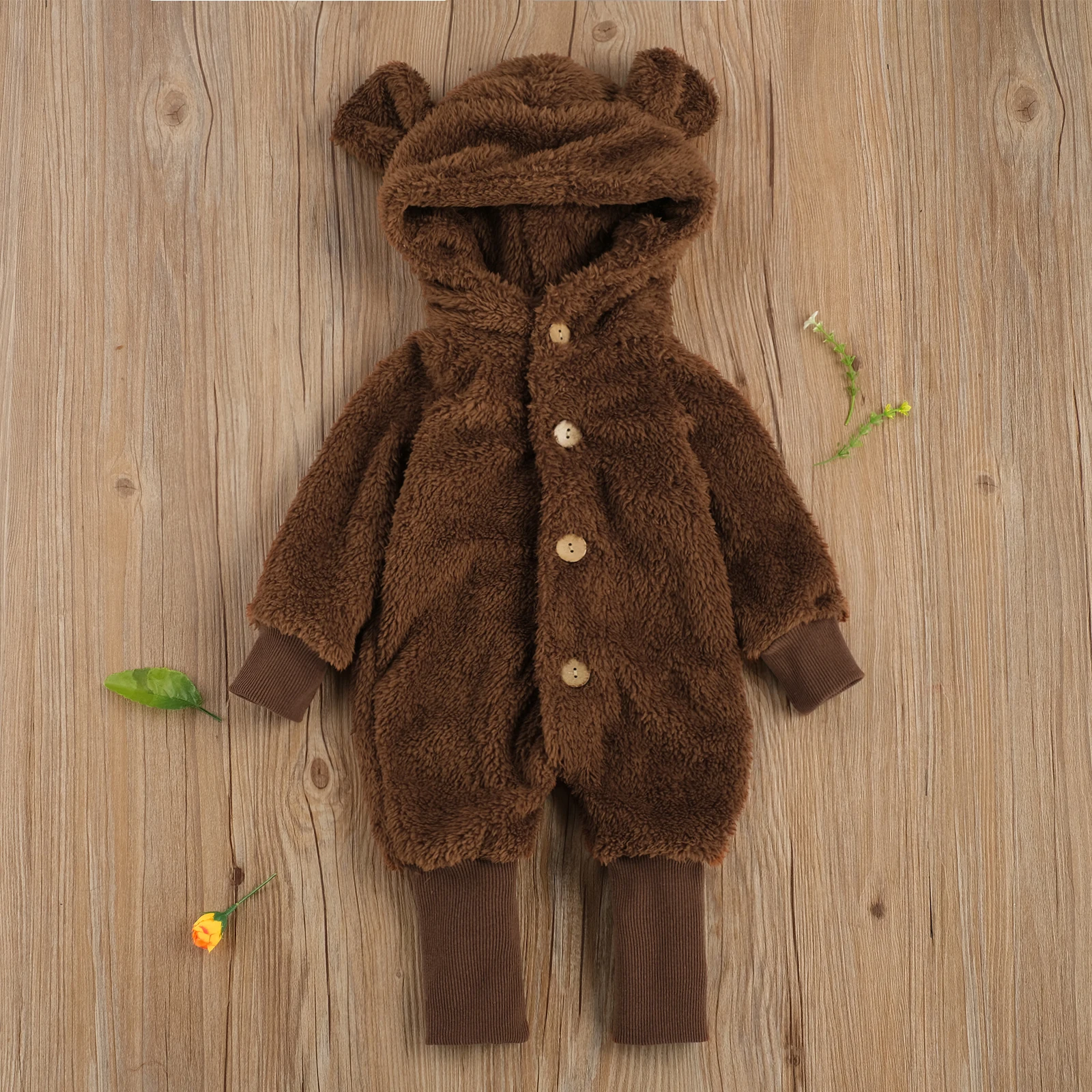 

Newborn Baby Girls Boys Fur Warm Rompers Solid 3D Ears Hooded Long Sleeve Single Breasted Winter Jumpsuits 2 Colors