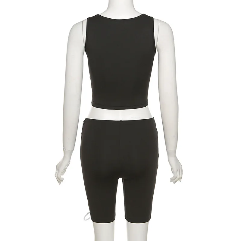 

Sexy Solid Color Drawstring Two Pieces Sets Cross Bandage Hollow Out Party Night Clubwear Tracksuit Matching Set Outfit