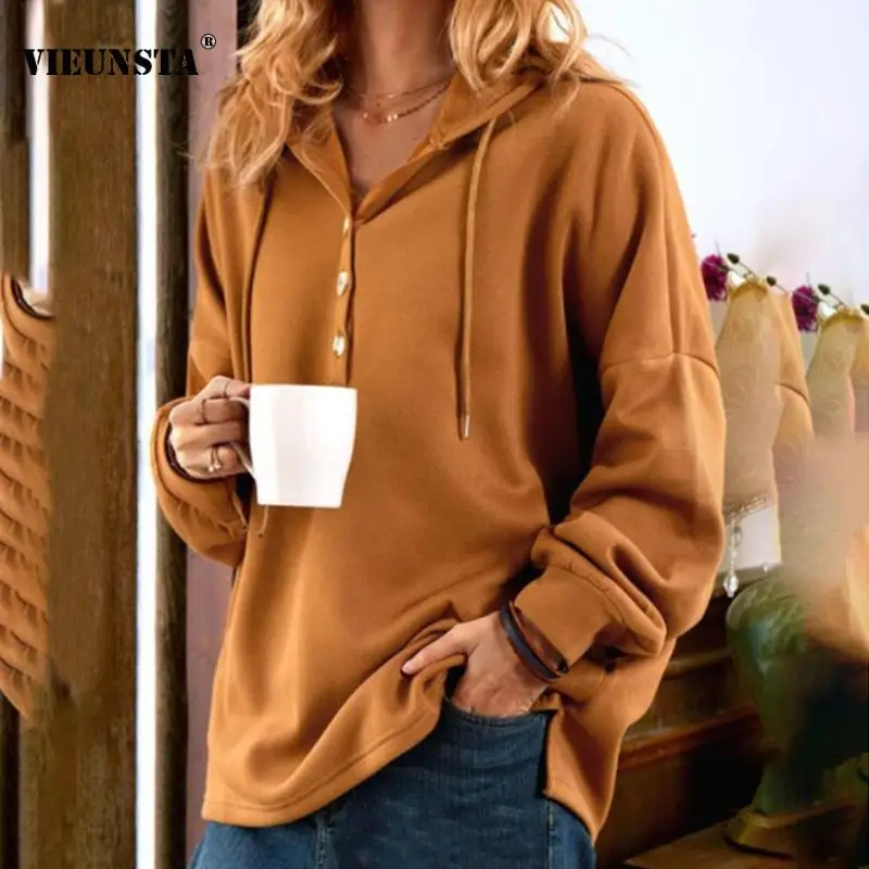 

New Plain Buttoned Hooded Sweatshirt Women 2022 Spring Solid Drawstring Hoodies Pullover Autumn Long Sleeve Loose Streetwear Top