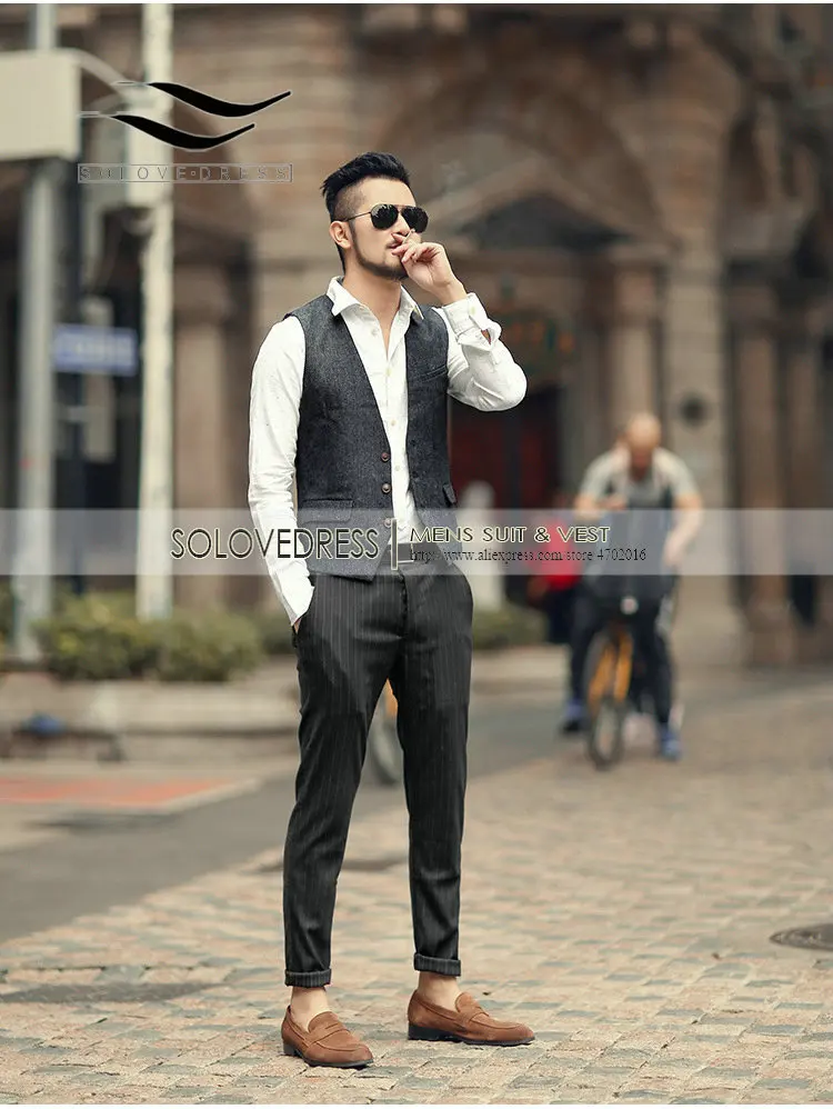 Men's Vest Army Green V Neck Casual Waistcoat Suit Herringbone Tweed Wool Tuxedo For Wedding | Мужская одежда