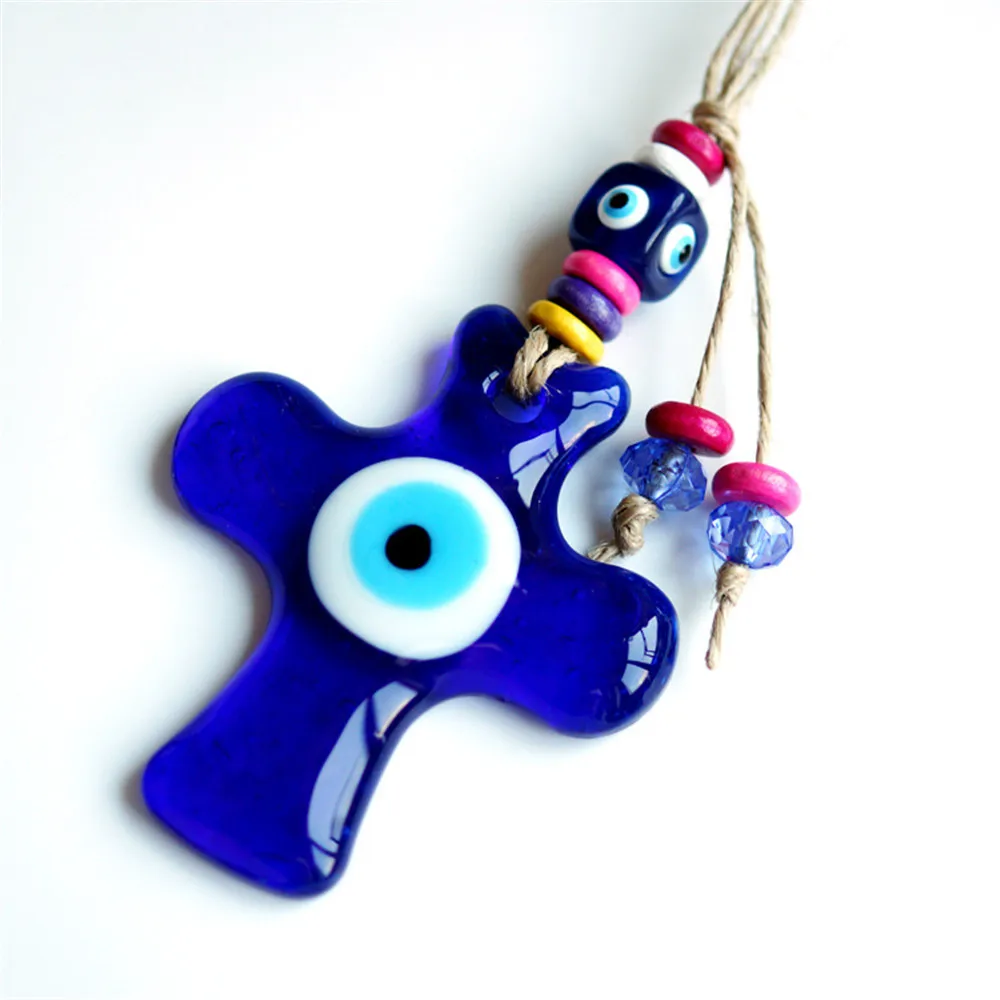 

1PC Greece Turkey Blue Eye Jewelry Cross Glass Pendant Evil Eyes Handmade Hemp Rope Colorful Beads Wall Hanging Home Decorations