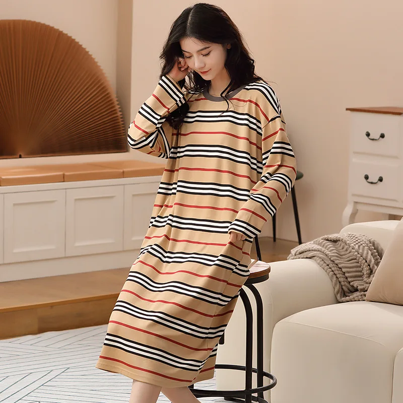 Cotton Nightdress Women's Autumn Long Sleeve Nightgown Lady Long Knee Length Home Clothes Female Sleepwear Sleeping Wear