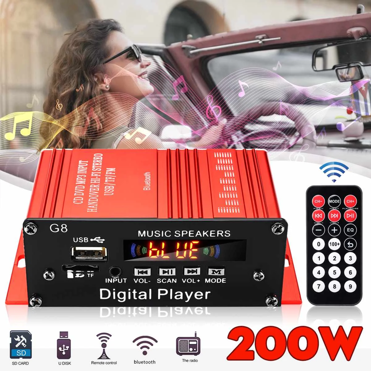 

G8 200W 12V Car Audio Amplificador HIFI Audio Power Amplifier bluetooth Home Stereo Amplifiers FM Radio 2CH USB TF AUX