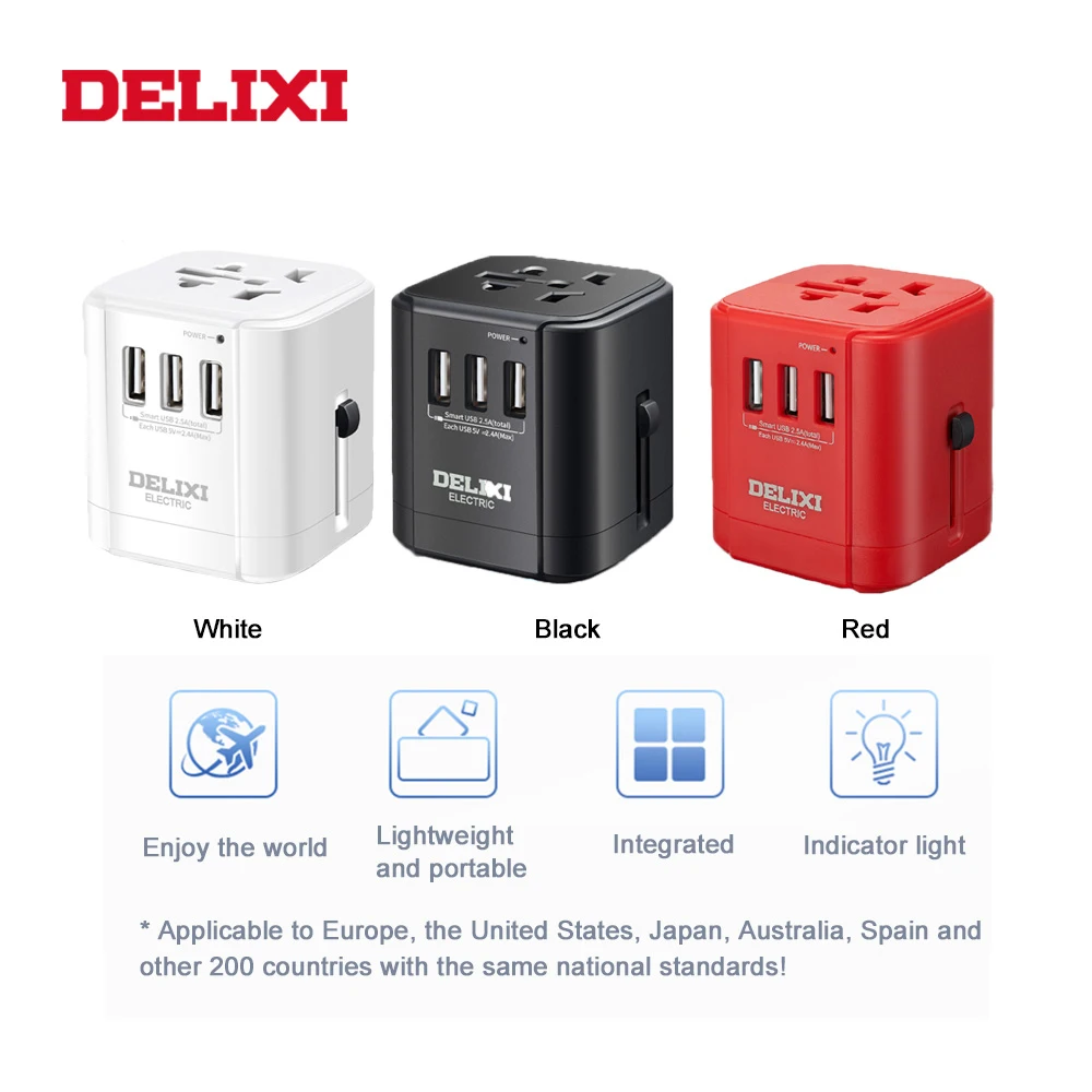 DELIXI Универсальный дорожный адаптер Все в одном с 6.3A 3 USB по всему миру настенное