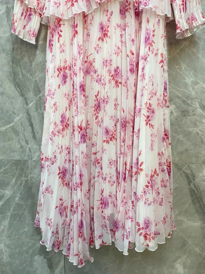 

CHICLADY Floral Print Maxi Long Dress Women Pleated Flare Sleeve Ruffles Spring Pink Cute Autumn New Fashion Female Robes Dresse