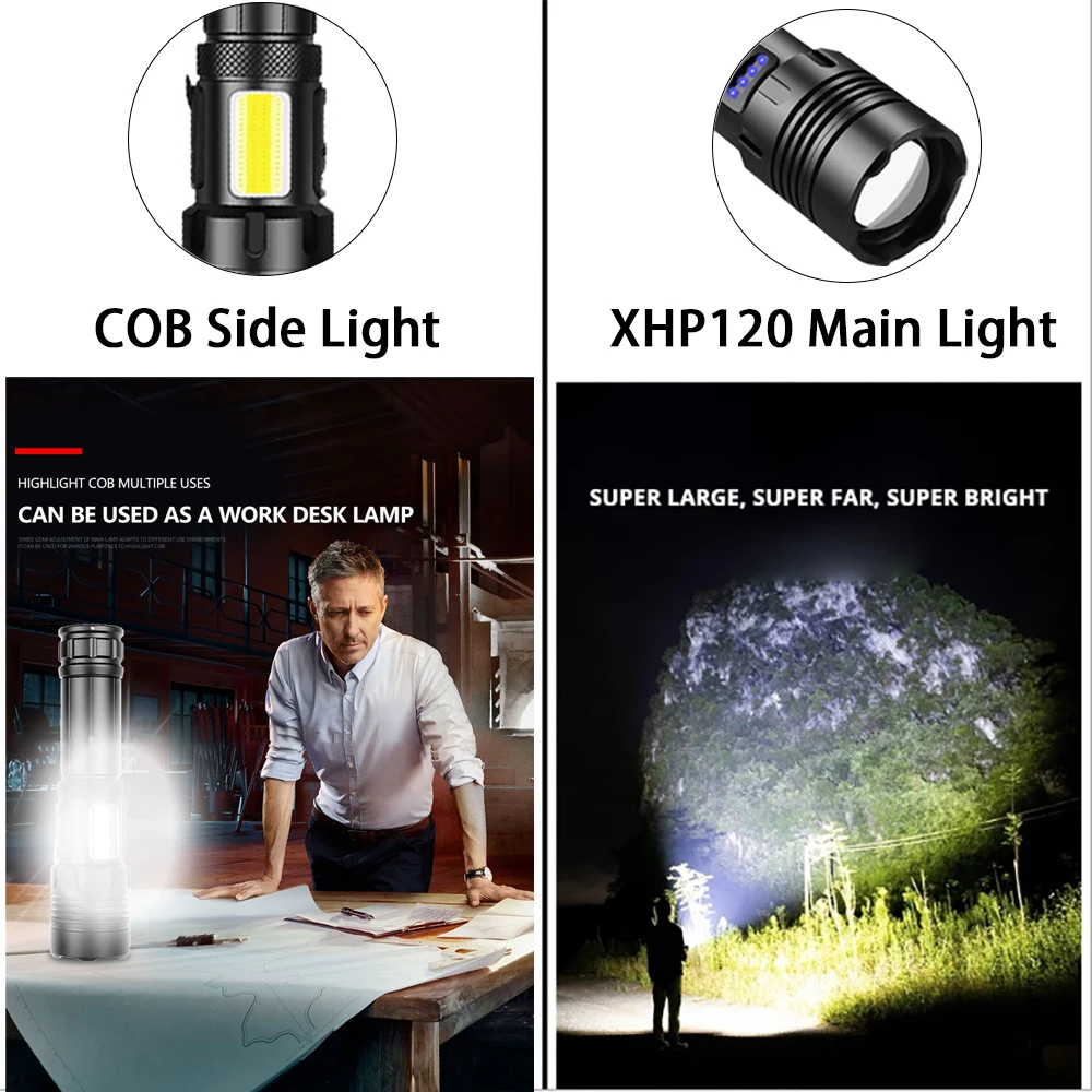 super bright led flashlights high power xhp120 with cob torch light rechargeable tactical flashlight 18650 or 26650 battery free global shipping