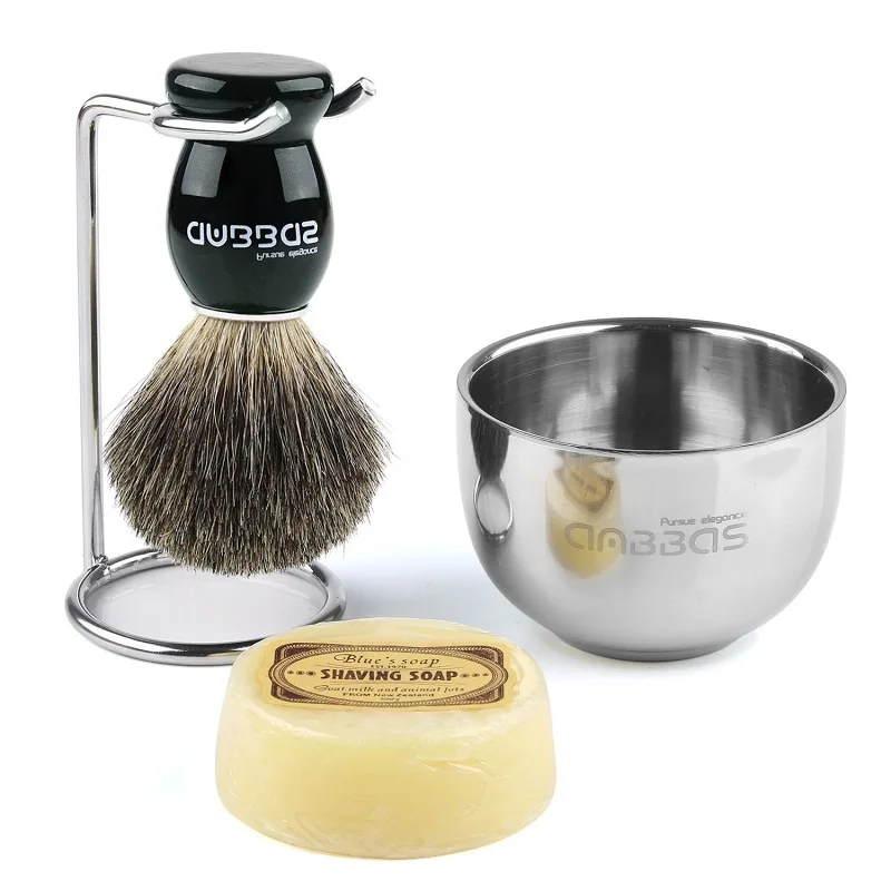 Набор кистей для бритья 4в1 Anbbas натуральная щетка для бритья барсук черная/деревянная ручка из нержавеющей стали Подставка для бритья и мыльница с мылом