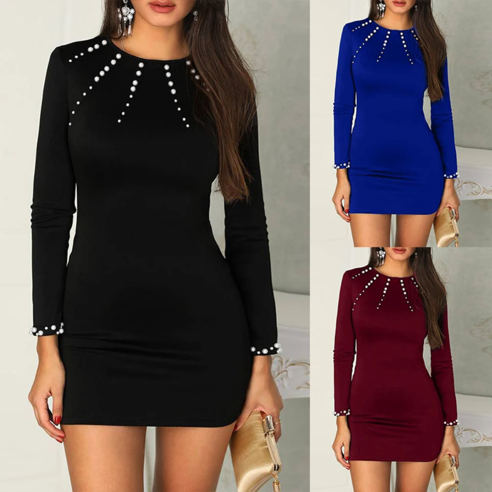 Women Solid Color O Neck Long Sleeve Imitation Pearls Decor Mini Dress 2020 Spring high quality | Женская одежда
