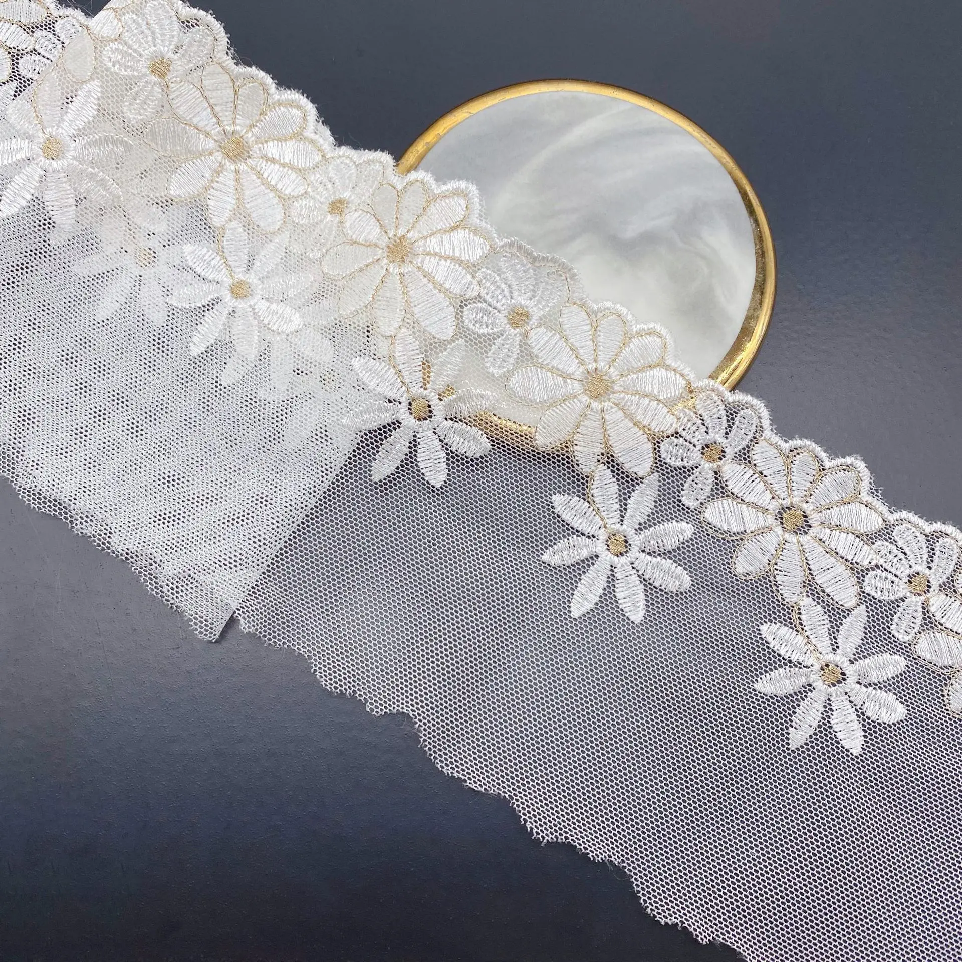 10 3 см Ширина ярда/лот сетчатая Вышивка Два цвета золотой цветок кружевная ткань