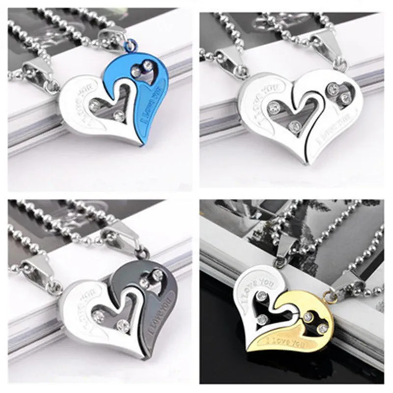 

2 Pieces/Set Of Half Love Rhinestone Couple Pendant Necklace Personality Fashion All-Match Alloy Wedding Necklace Jewelry Gift