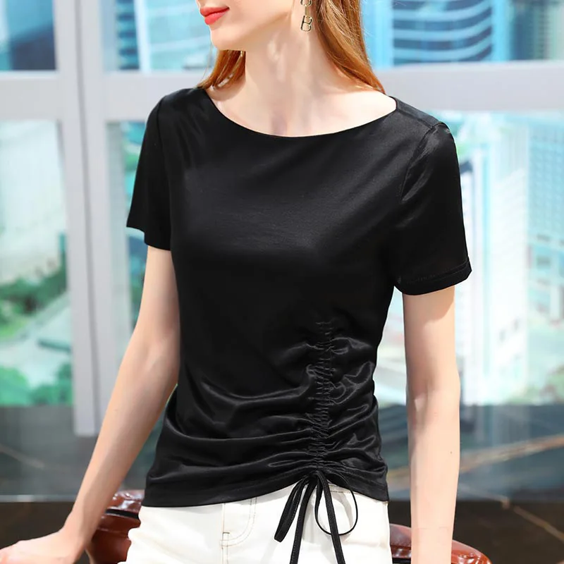 

Drawstring short sleeve T-shirt women's summer women's 2021 new ice cool feeling T-shirt one shoulder white top fashion