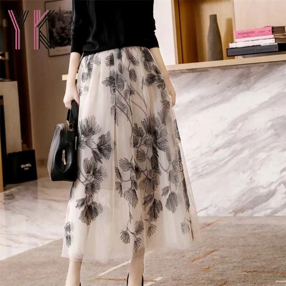 

Юбка-пачка средней длины с вышивкой в виде кленовых листьев, элегантная сетчатая эластичная юбка с завышенной талией, в Корейском стиле, на лето