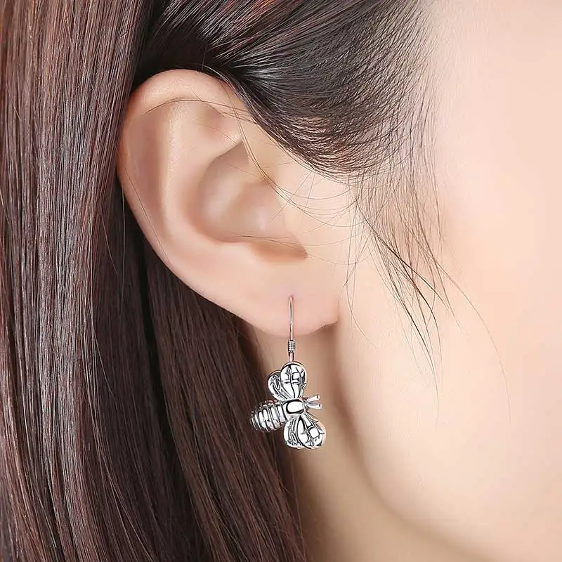 

TONGZHE New 925 Sterling Silver Earrings Women Clear CZ Girl Animal Bee Drop Earrings Vintage Fine Jewelry Products