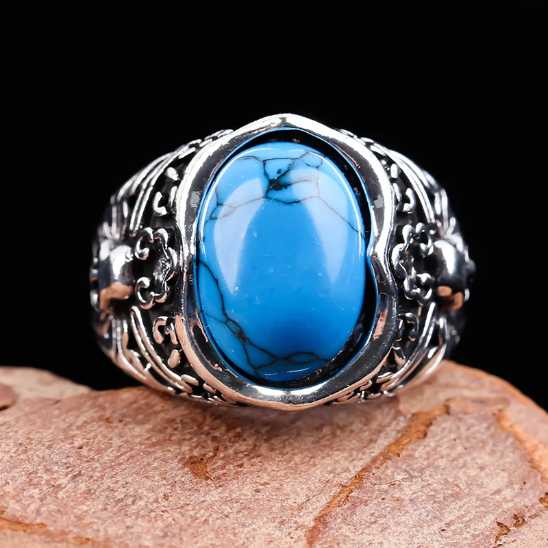 

Vintage Silver Plated Skull Punk Ring Stars Big Blue Oval Stone Bow Rings For Men Women Gothic Party Biker Jewelry Gift T4M907