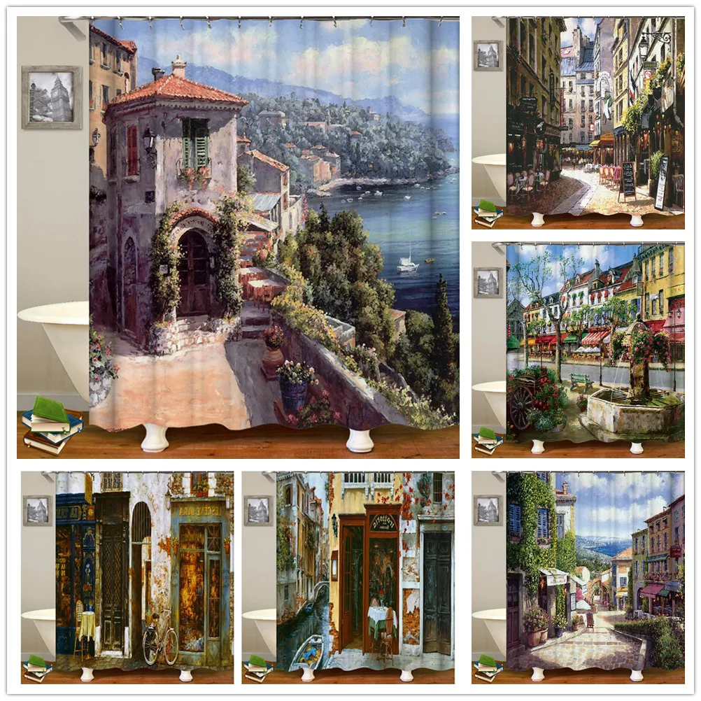 

Flowers Spring Scenery Bathroom Set Shower Curtain Street Red Pink Flower Retro Design Garden Wall Decoration Hanging Curtains