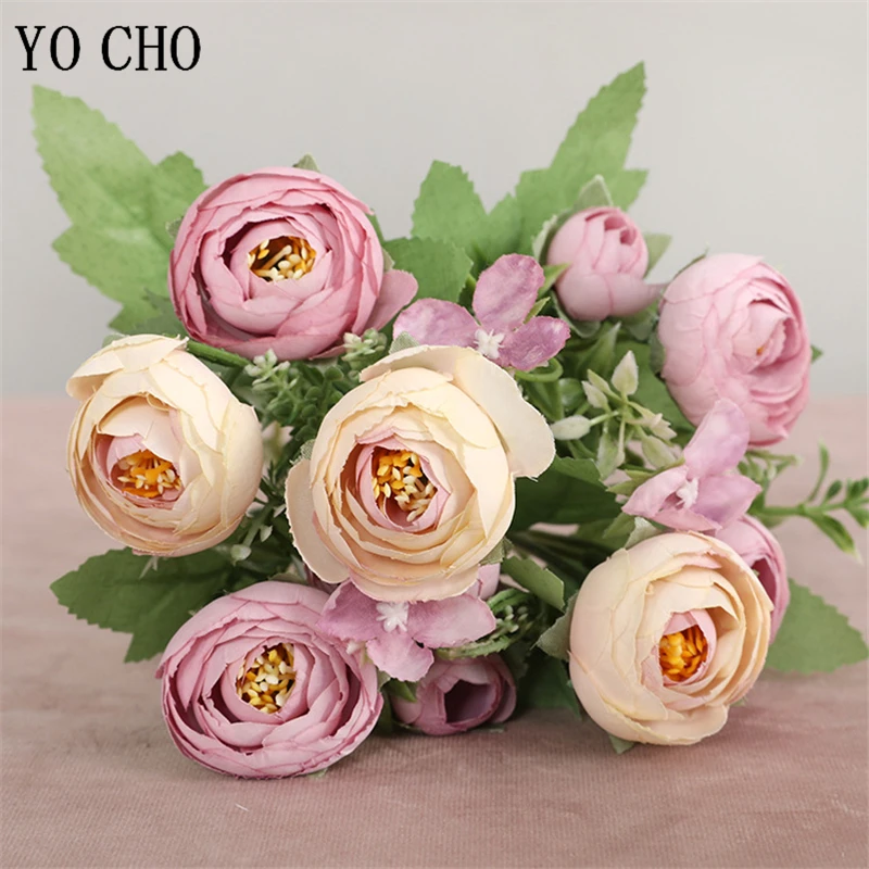 

YO CHO 10 Heads Silk Rose Artificial Flower Bridesmaids Mini Bouquet Fake Rose Flower Arrangement Home Party Wedding Table Decor