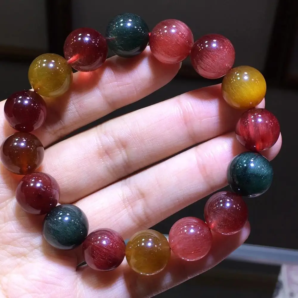 

13.1mm Genuine Natural Colorful Rutilated Quartz Bracelet Gold Red Green Cat Eye Women Men Crystal Round Beads AAAAA