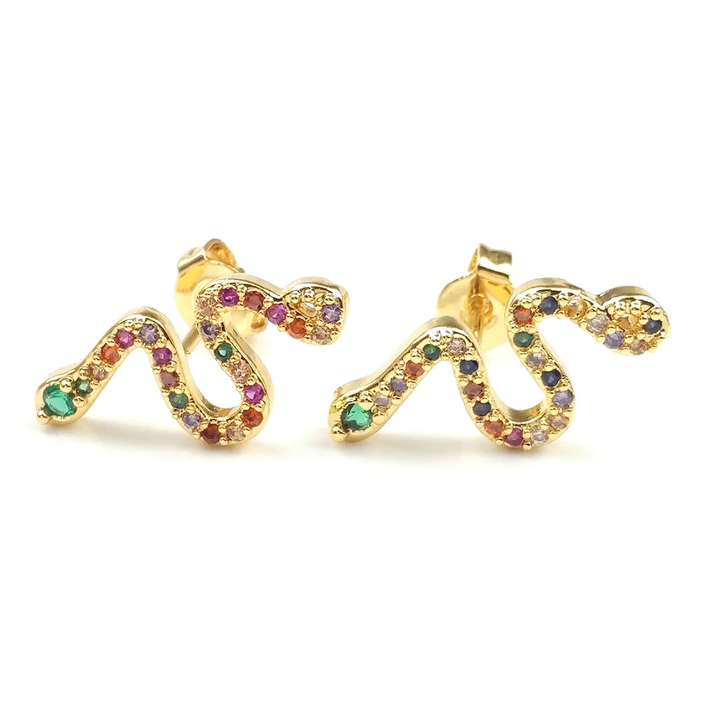 Gold heart Tiny Stud Bar Earrings For Women Snake Earring CZ Seashell Eye Rainbow Small aretes oro arcoiris | Украшения и